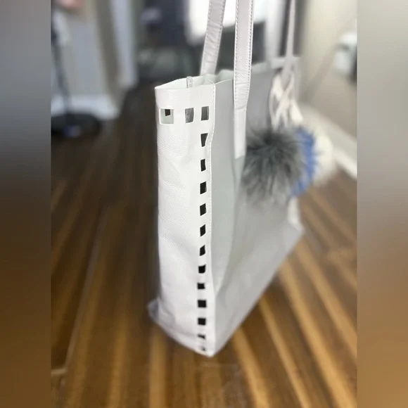 Gray Blue Tote Bag Pom Poms w/ cut out, felt lined y2k - Picture 3 of 9